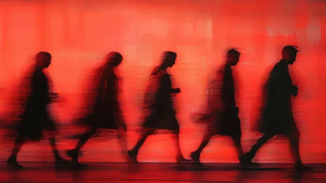 Five dark walking silhouettes appear in motion blur across a vivid orange-red backdrop.