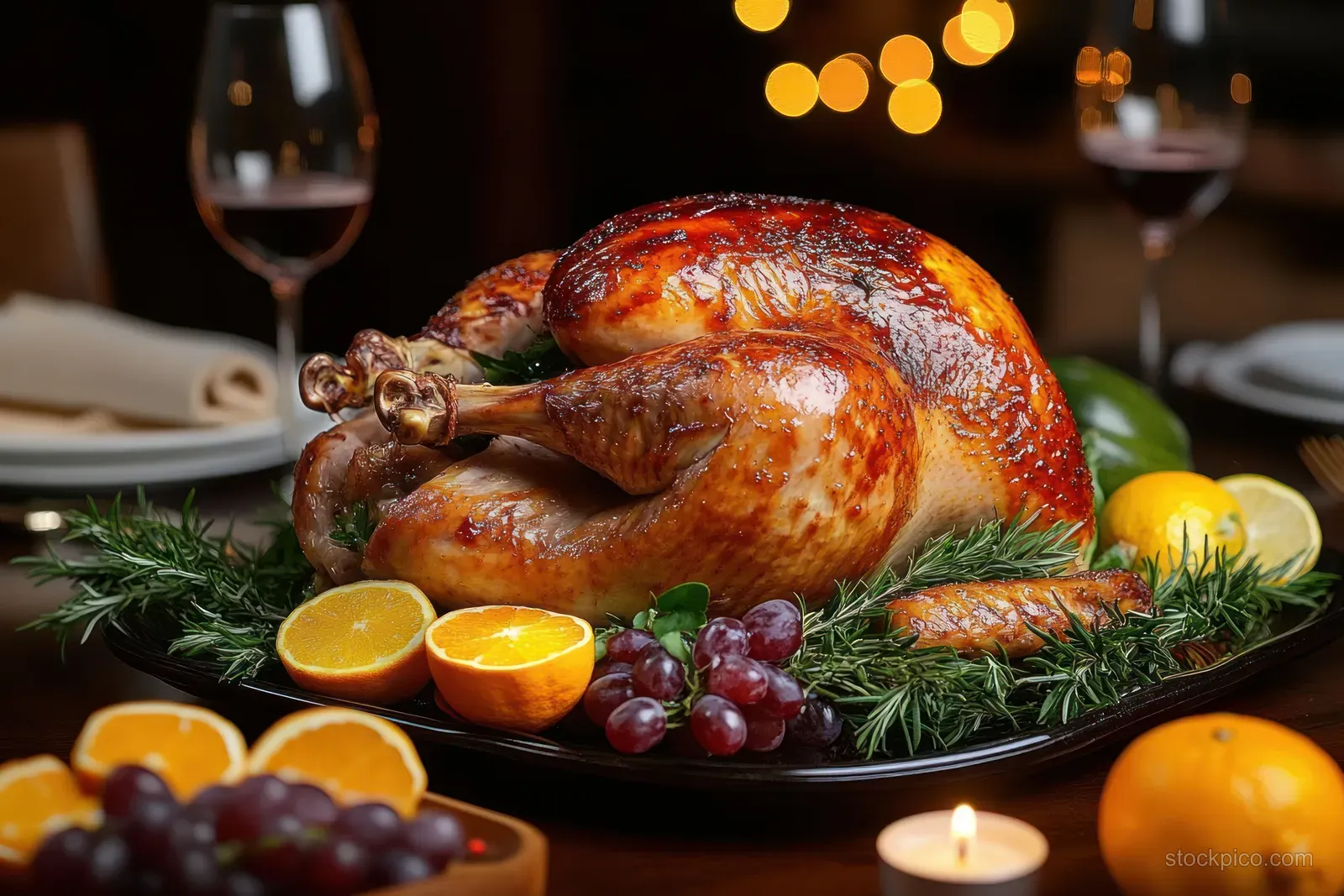 Roasted Thanksgiving turkey on a wooden platter with herbs, citrus slices, grapes, and warm candlelit table setting.