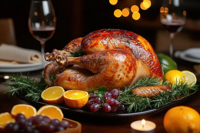 Roasted Thanksgiving turkey on a wooden platter with herbs, citrus slices, and candlelit table setting