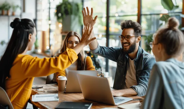 Team members high-five across a conference table while working on laptops in a bright office meeting.