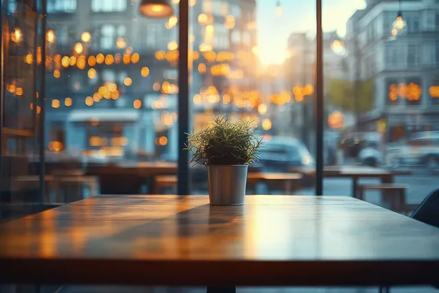 Sunlit cafe table with potted plant and blurred city reflections through large windows