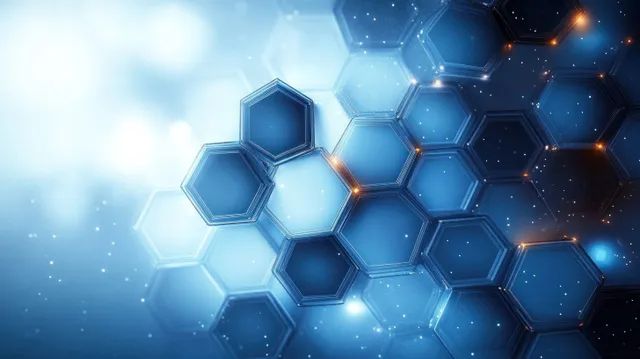 Interconnected glowing 3D hexagon nodes with blue and orange light accents float over a blurred futuristic background.