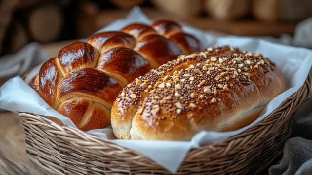 Pecan danish and multigrain croissant in basket on parchment, rustic wooden table