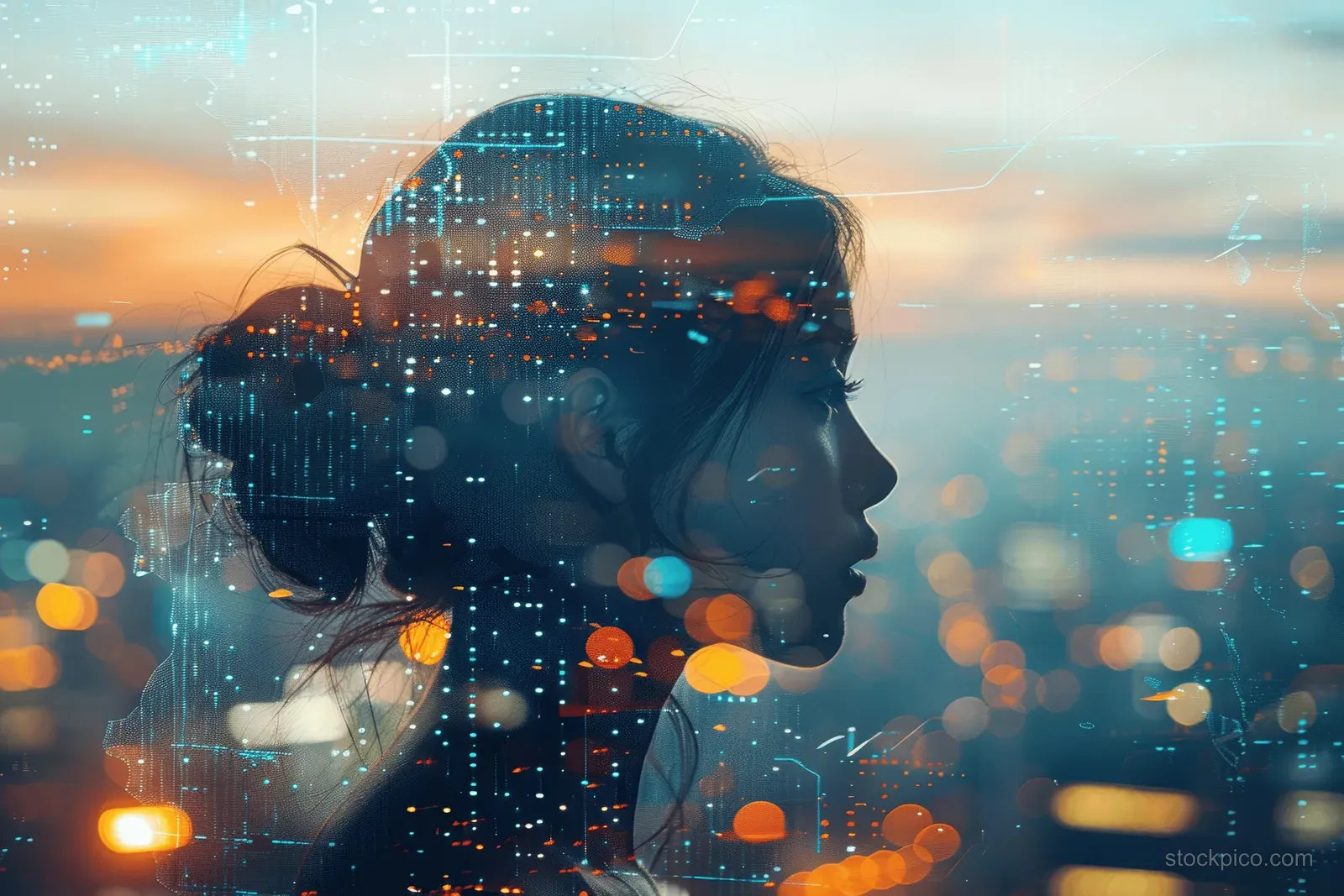 A businesswoman’s face double exposure overlays a futuristic city skyline with glowing digital identity hologram graphics.
