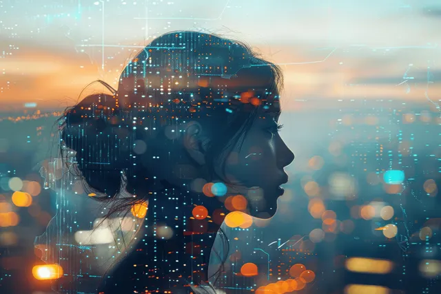A businesswoman’s face double exposure overlays a futuristic city skyline with glowing digital identity hologram graphics.