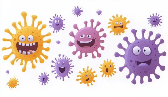 Colorful cartoon virus and pollen characters with smiling faces float on a light background.