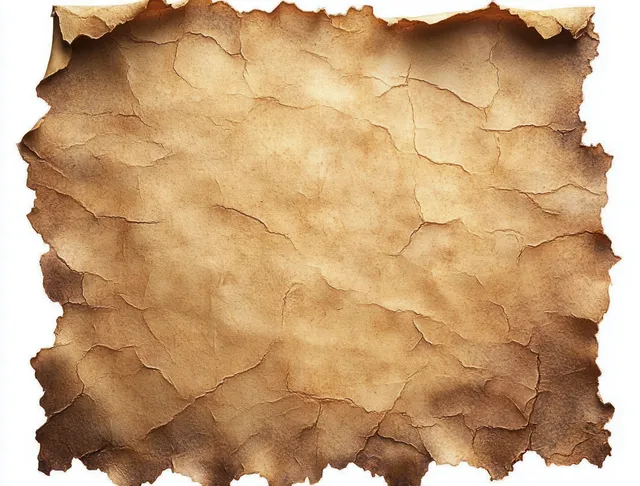 Weathered burnt parchment sheet with torn edges and cracked texture on white background