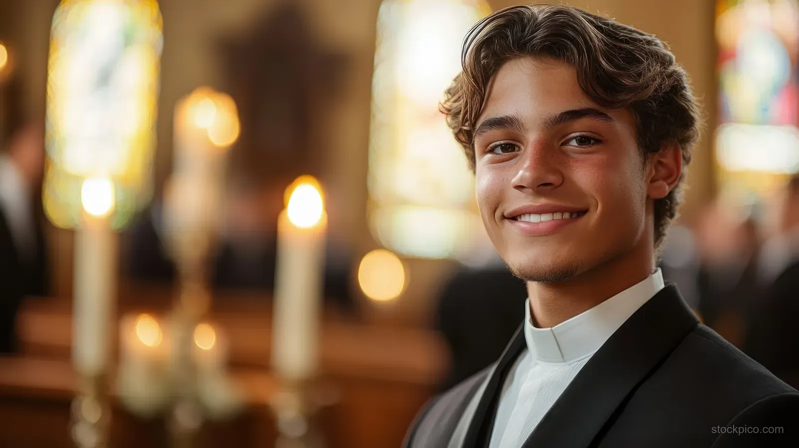 Young man wearing a clerical collar smiles inside a candlelit church with stained glass in the blurred background.