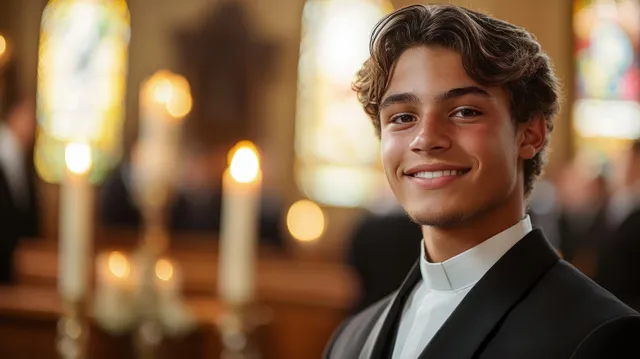 Young man wearing a clerical collar smiles inside a candlelit church with stained glass in the blurred background.