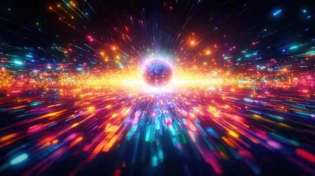 A glowing neon sphere radiates multicolor light streaks and spark particles into a fast digital burst.