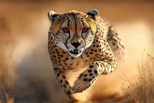 Cheetah sprinting across dry grassland, eyes locked forward, dust trailing behind it.