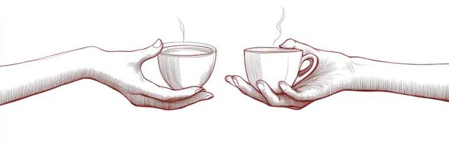Two sketched hands hold steaming cups facing each other on a white background with rising steam.