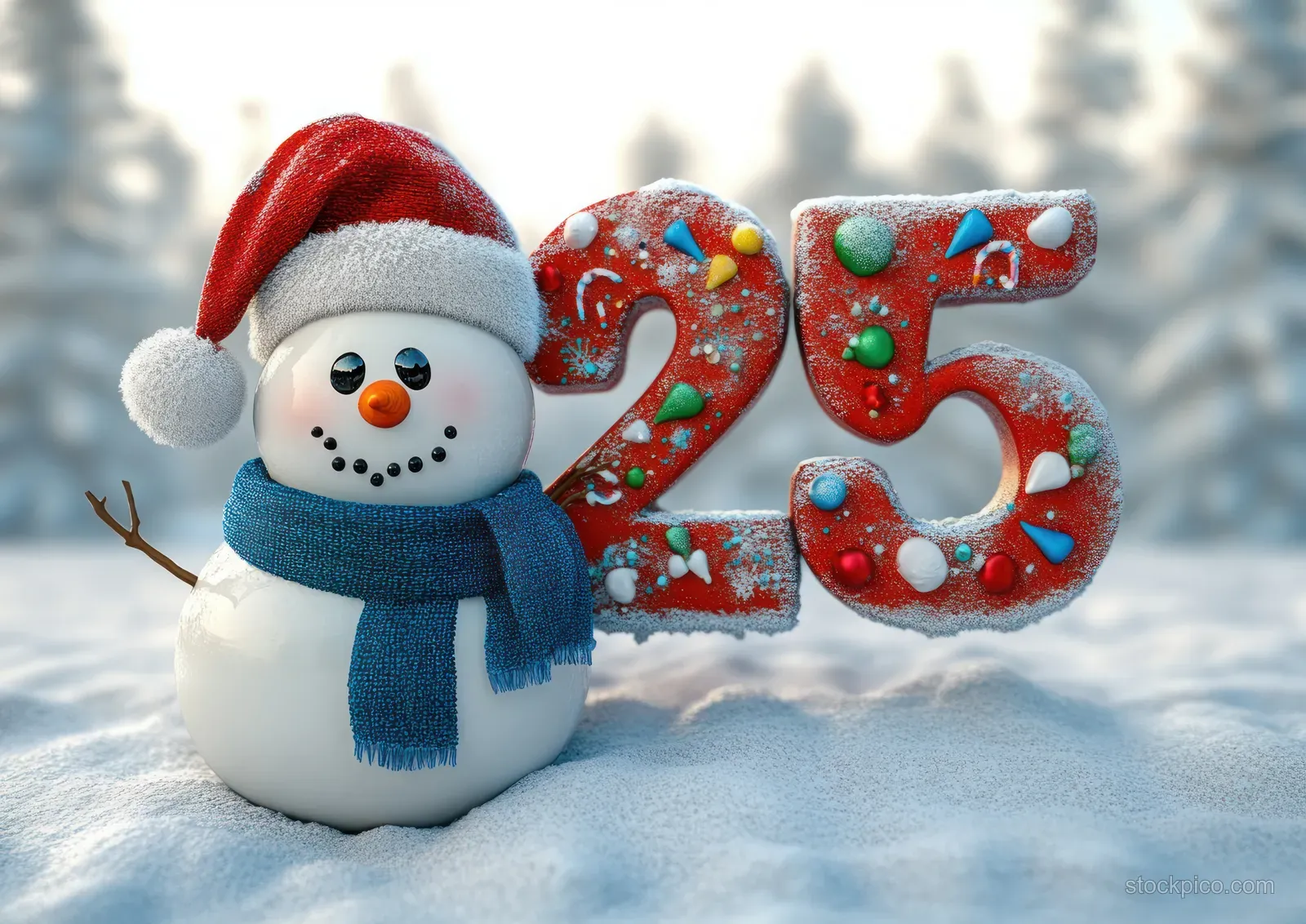 A snowman in a Santa hat and blue scarf stands in snow next to a decorated snow-covered number 25.