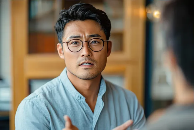 A young man with glasses in a light blue shirt gestures while speaking indoors with a softly blurred background.