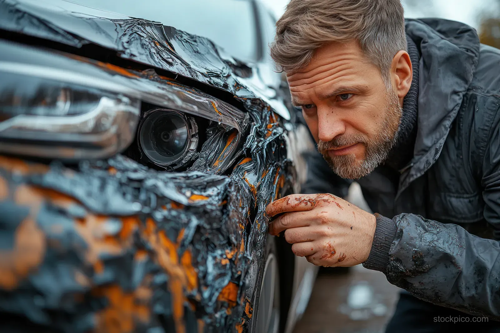 Man in a parking lot inspects a dented car front while holding his phone for assistance.