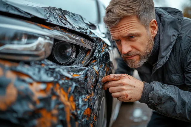 Man in a parking lot inspects a dented car front while holding his phone for assistance.