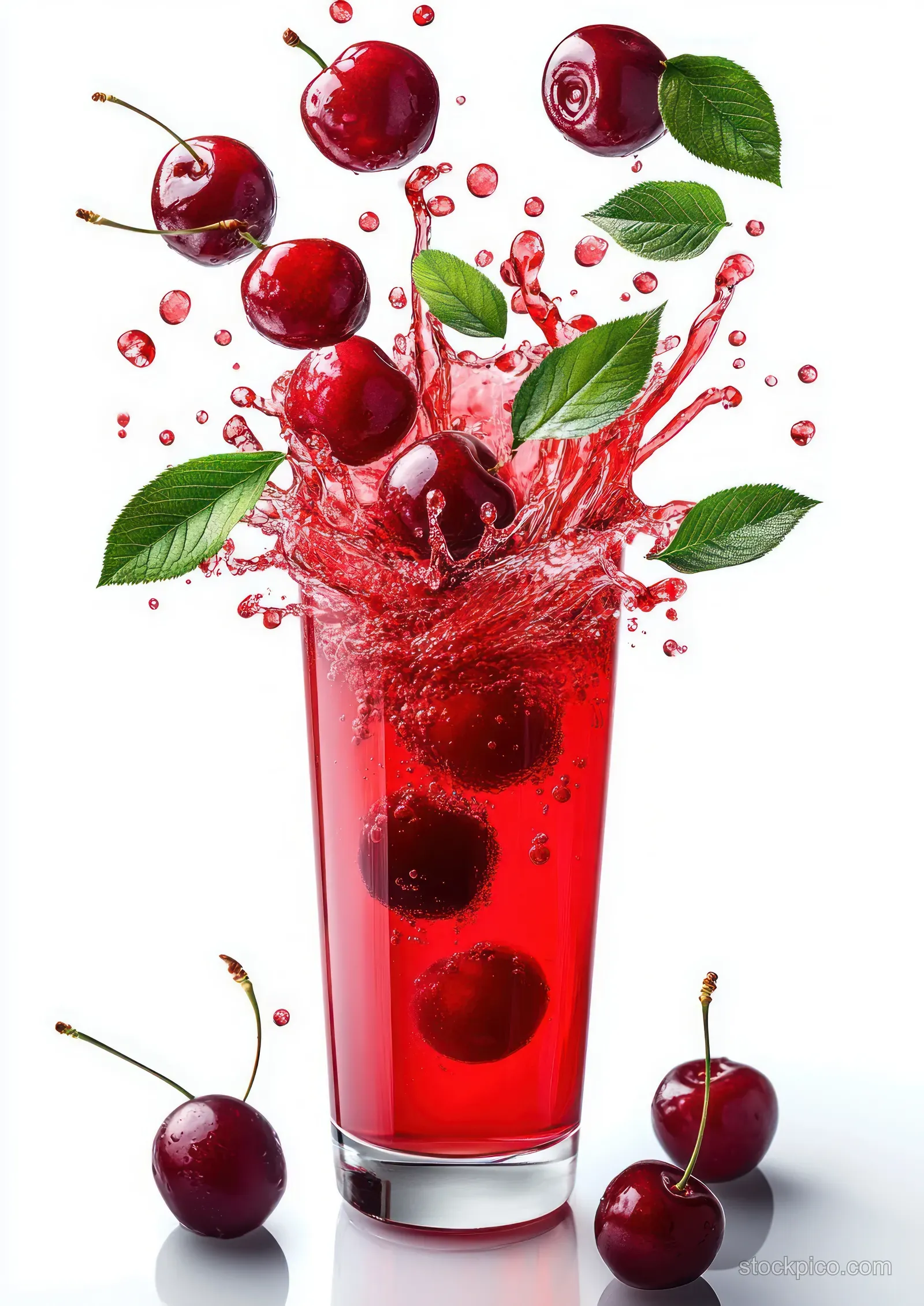 Red cherry juice splashes from a glass with whole cherries and green leaves on a white background.