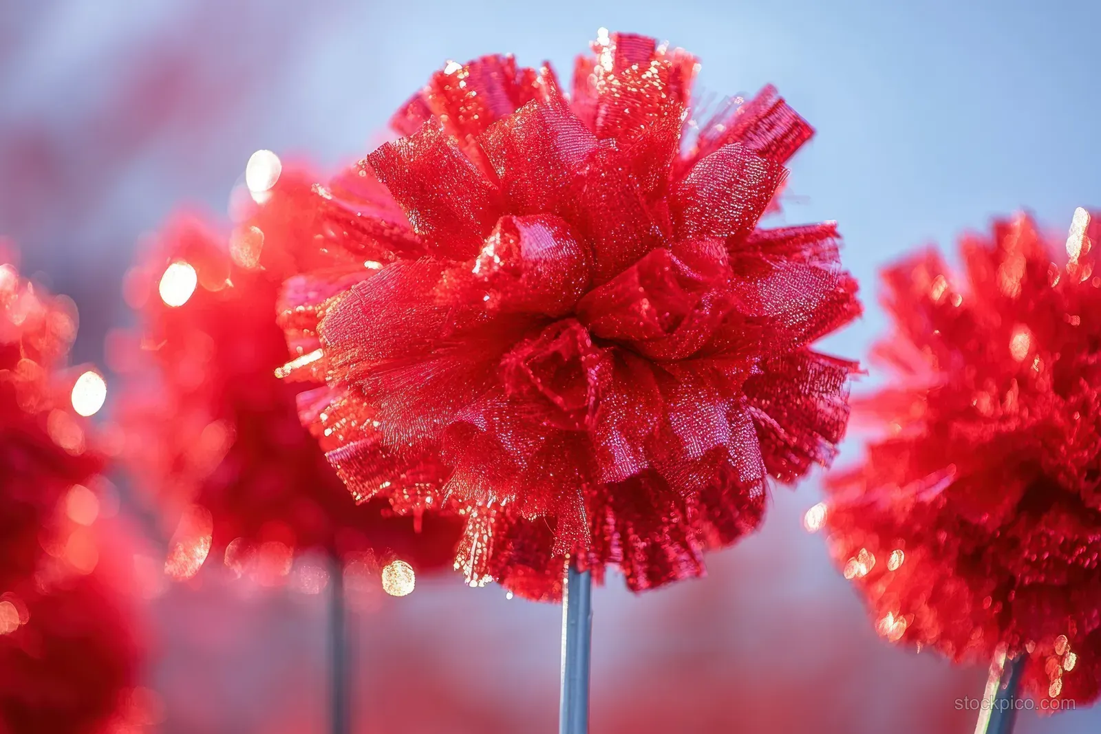 Red glitter pom-poms on handles glow under blurred stadium lights in a cheerleading sideline scene.