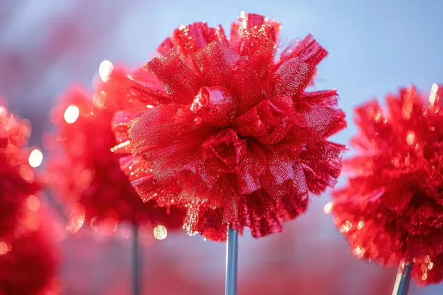Red glitter pom-poms on handles glow under blurred stadium lights in a cheerleading sideline scene.