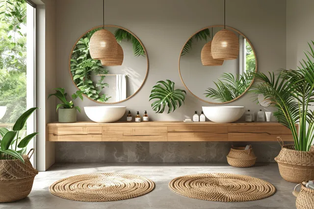 Minimalist bathroom with double sinks on a wooden vanity, oval mirrors, potted plants, and a hanging pendant light.