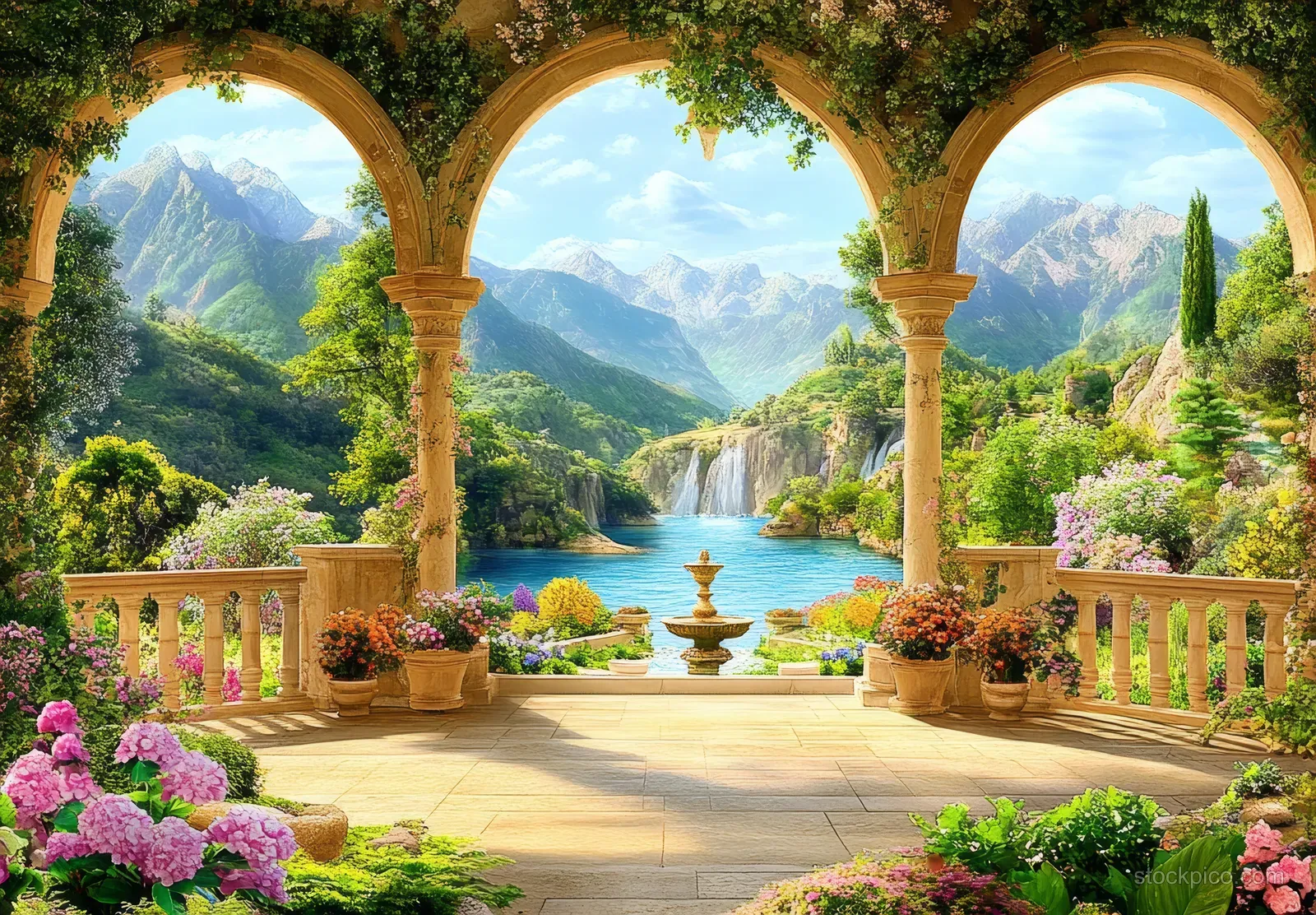 Arched garden gate frames a stone fountain, colorful flowers, and a view of lake and mountains.