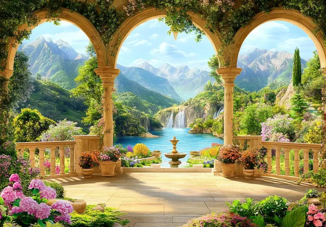 Arched garden gate frames a stone fountain, colorful flowers, and a view of lake and mountains.