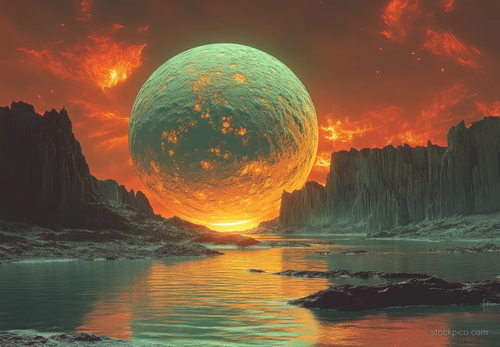 A glowing green alien planet shines above a rocky canyon lake, with mirror-like water reflections under fiery clouds.