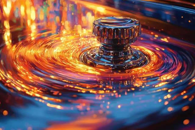 Chrome gear shift knob centered with glowing spiral reflections and colorful metallic motion blur in the background.