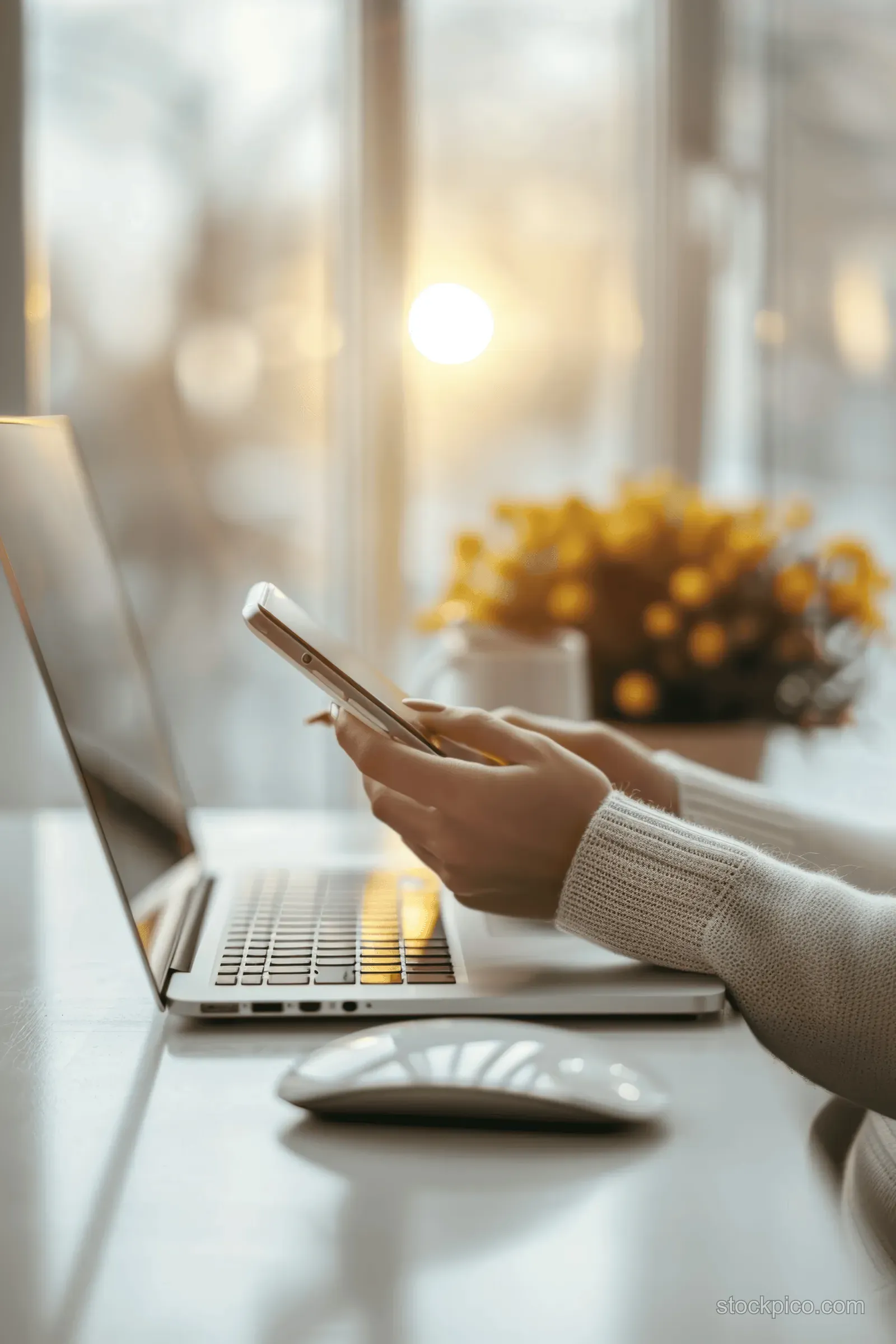 A woman’s hands type on a laptop while a smartphone lies on a bright office desk.