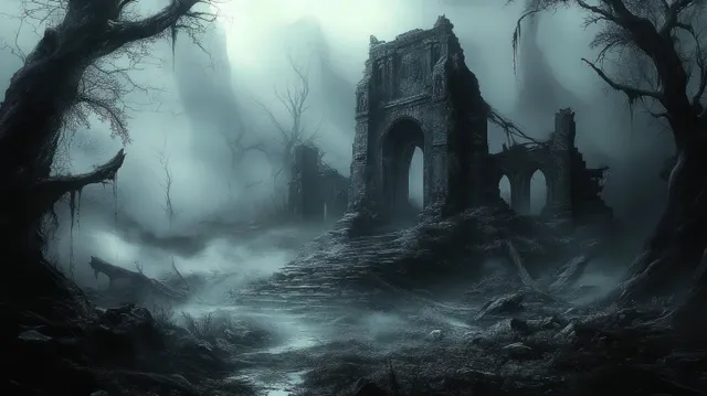 A foggy gothic stone temple ruin stands in an overgrown landscape, framed by twisted trees and shadowy arches.