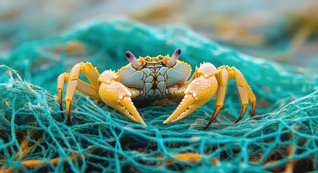 A yellow crab stands on tangled blue fishing net with its claws and patterned shell in sharp focus.