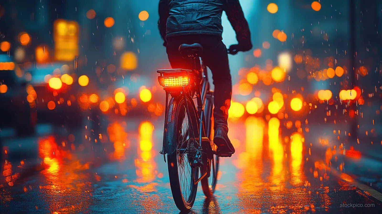 Cyclist rides a bicycle at night on a rain-wet street with glowing rear light and reflected city lights.