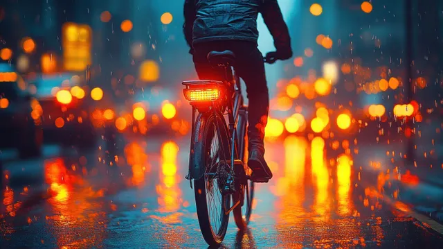 Cyclist rides a bicycle at night on a rain-wet street with glowing rear light and reflected city lights.