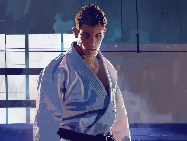 French judoka practicing gripping technique on indoor tatami with focused expression