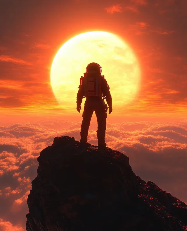 A lone astronaut silhouette stands on a mountain summit against a dramatic red-orange sunset and swirling clouds.