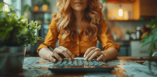 Businesswoman enters numbers on calculator at desk with laptop, calculating financial taxes