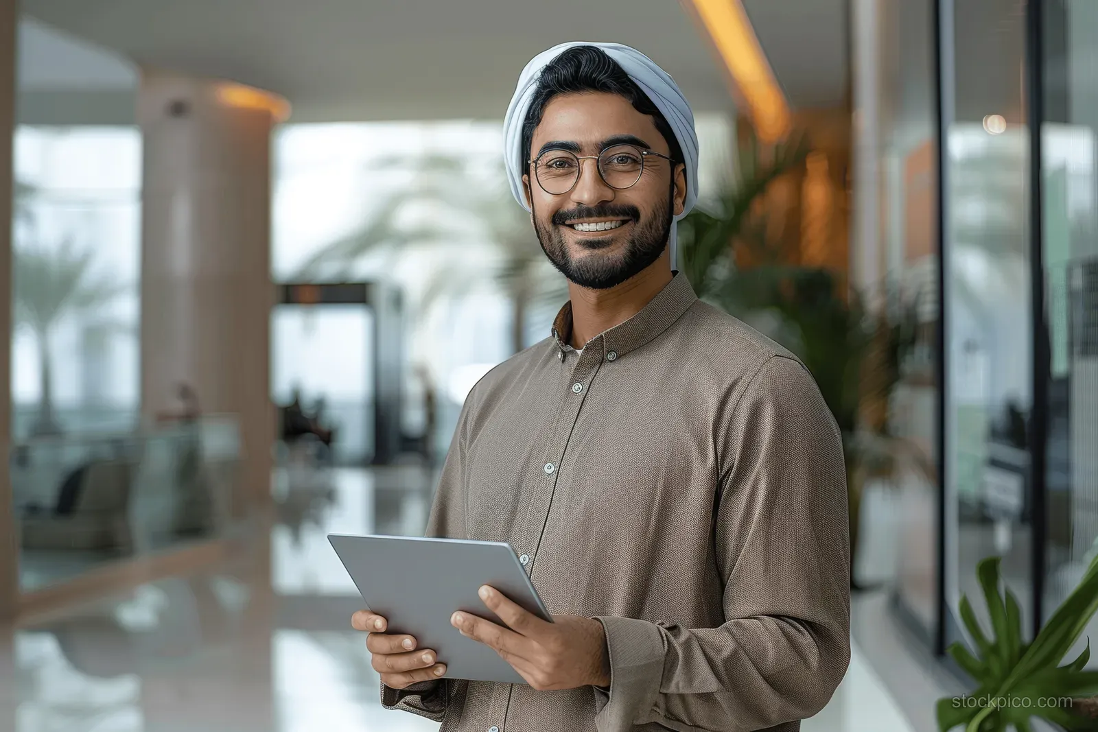 A smiling young man with glasses holds a tablet in a modern office hallway.
