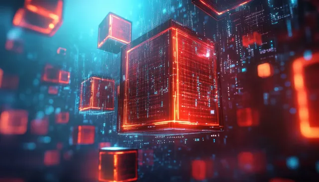 Futuristic blockchain data cube locked in a cyberpunk network, glowing circuit grid behind