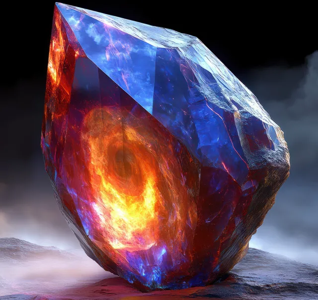 Large translucent crystal with a fiery orange core glowing on rocky ground with drifting mist against a dark background.