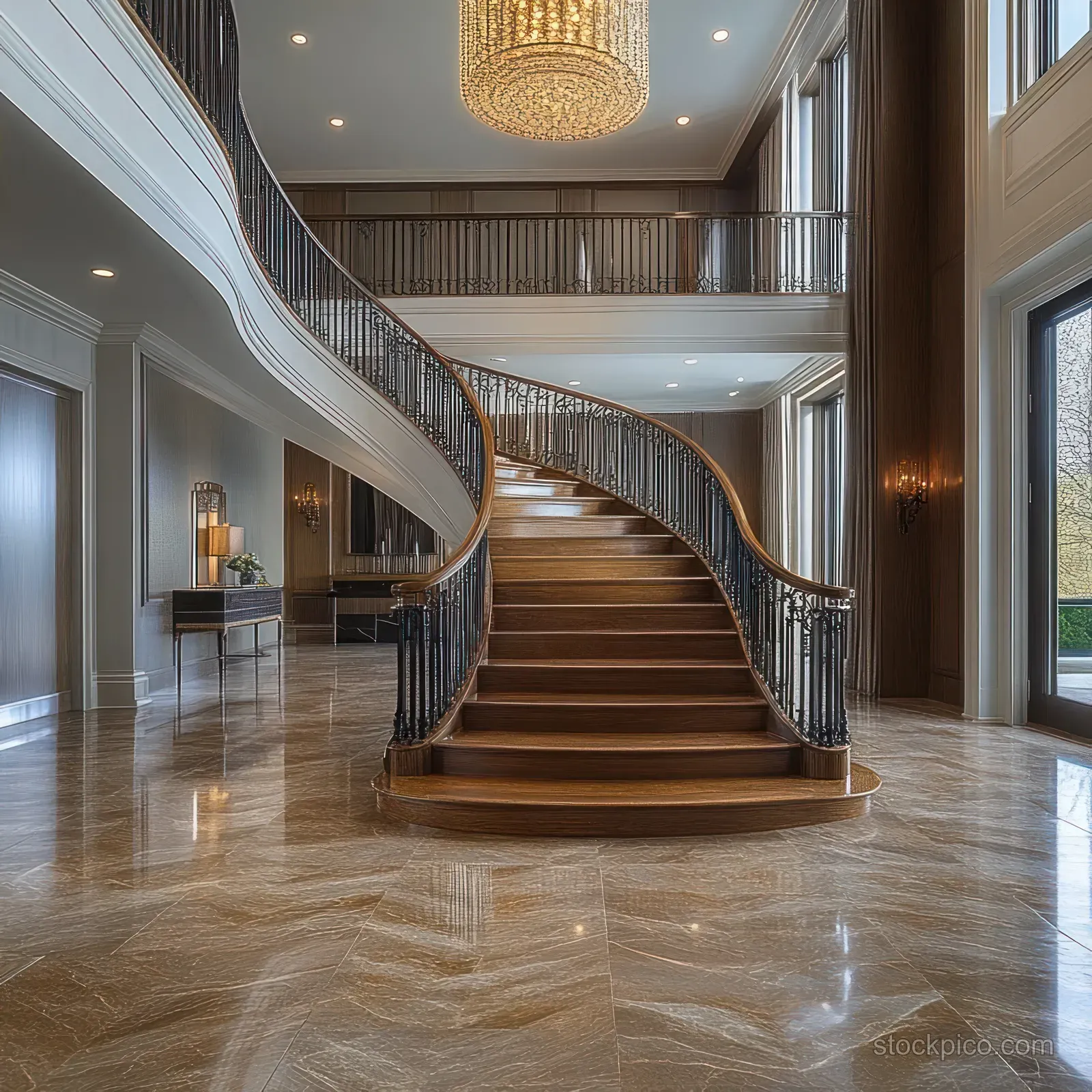 Curved wooden staircase with black iron railing rises through a marble entrance hall beneath a chandelier.