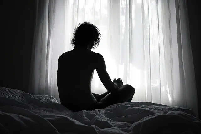 A person’s silhouette sits cross-legged on a bed facing a window with sheer curtains.