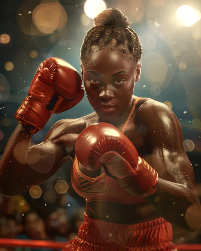 Nigerian woman boxer throwing jabs in a lit arena ring