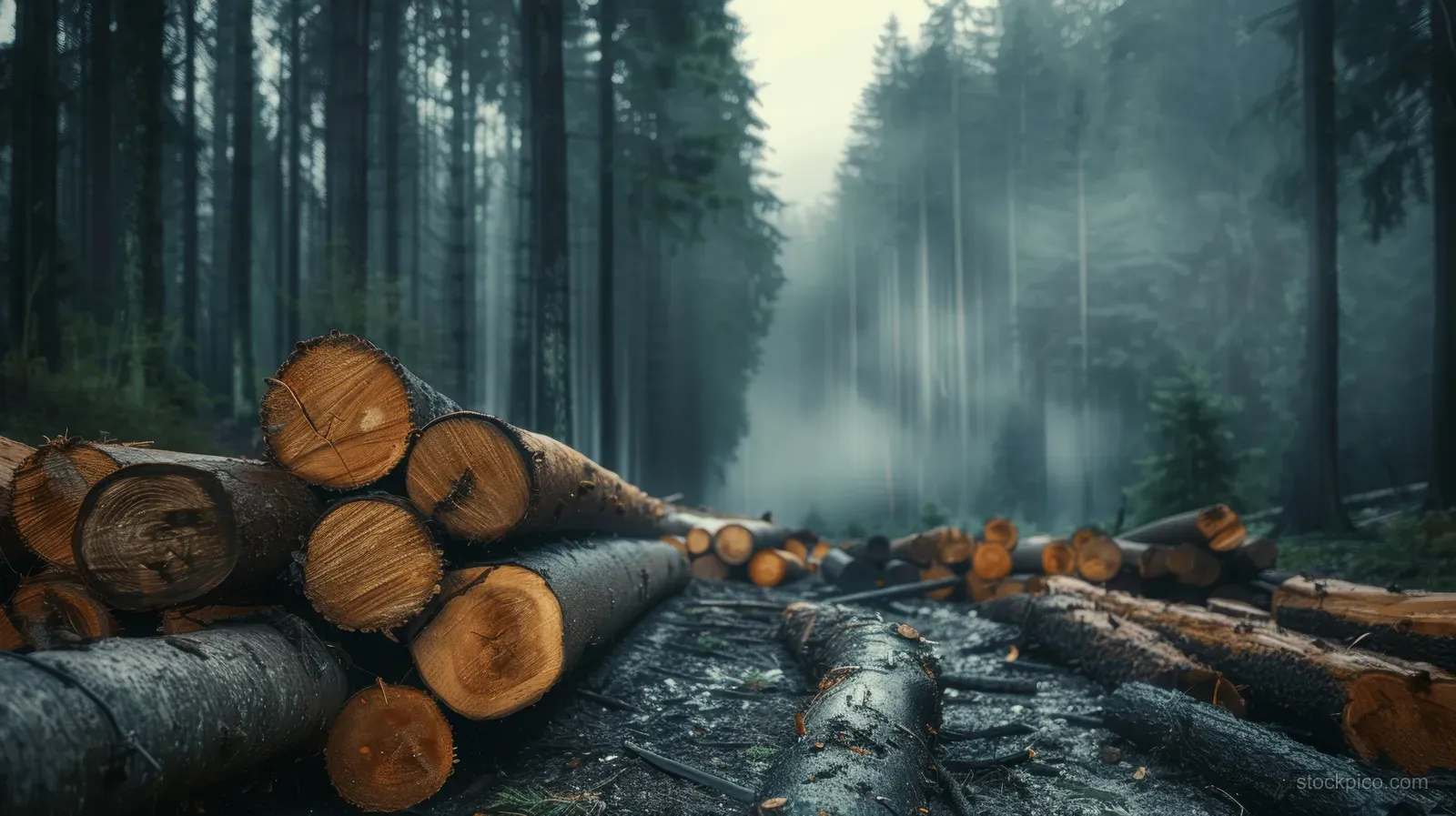 Stacked cut wooden logs sit on the forest floor beneath foggy pine trees.