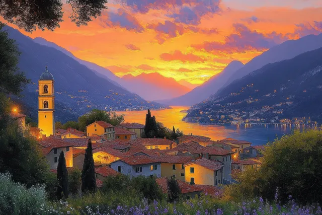 Sunset view over lakeside mountain town with bell tower and red-roof buildings