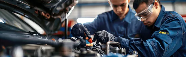 Mechanic in blue gloves tightening bolts with a wrench under an open car hood in a garage.
