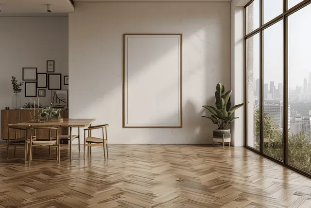 Minimalist dining area with a wooden table, blank framed wall art, potted plant, and floor-to-ceiling windows showing a city skyline.