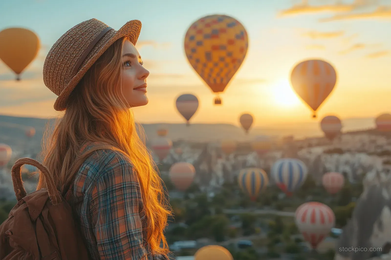 A backpacked woman in a straw hat watches colorful hot air balloons rise over Cappadocia at sunrise.