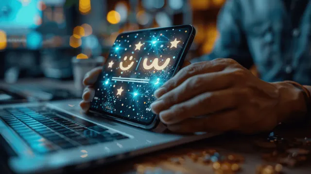 Man holds a smartphone showing a smiley and star rating survey while working near a laptop.