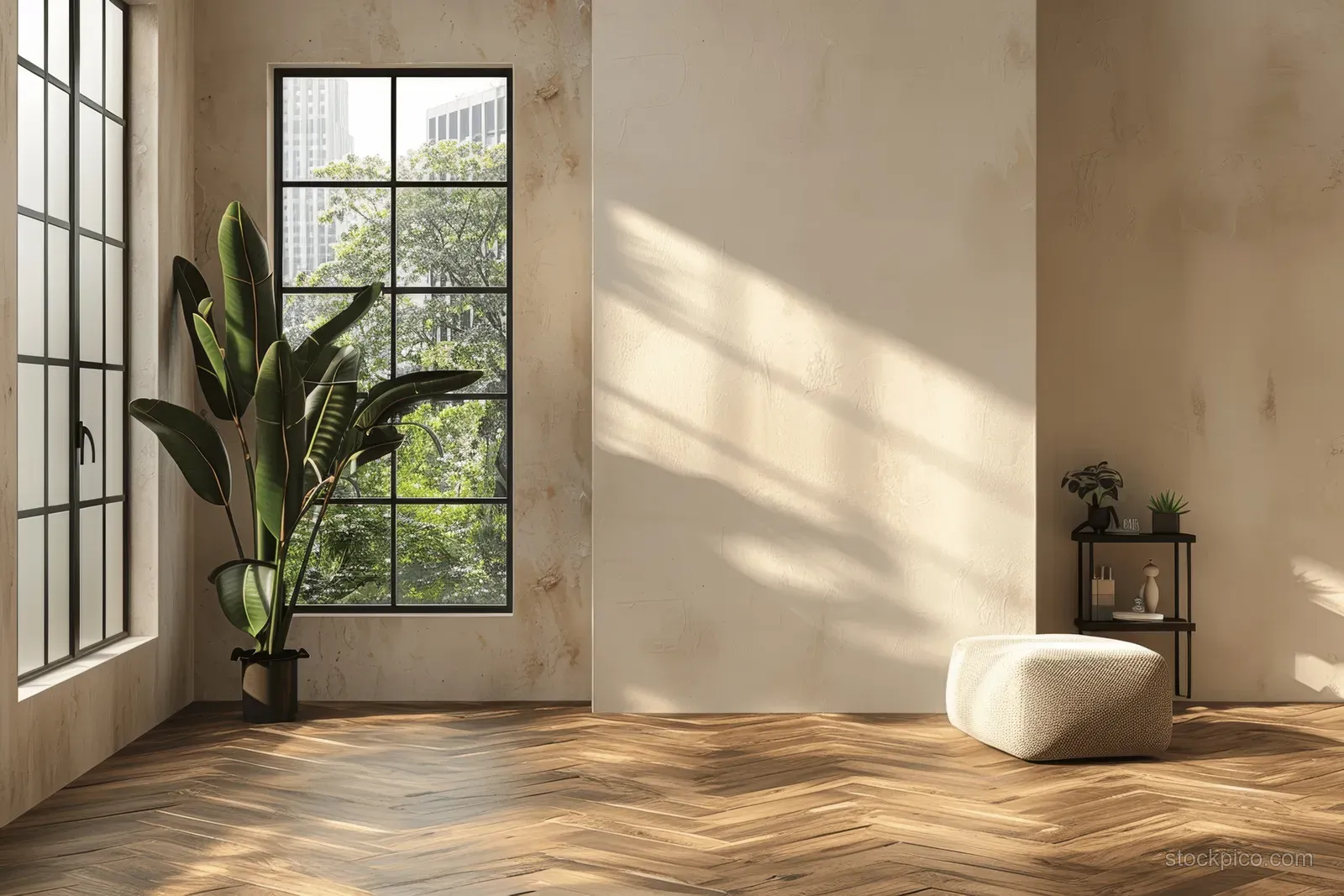 Minimalist room corner with beige walls, warm wooden floor, black-framed windows, and a small vase table.