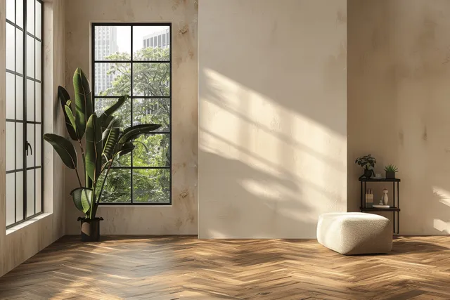 Minimalist room corner with beige walls, warm wooden floor, black-framed windows, and a small vase table.